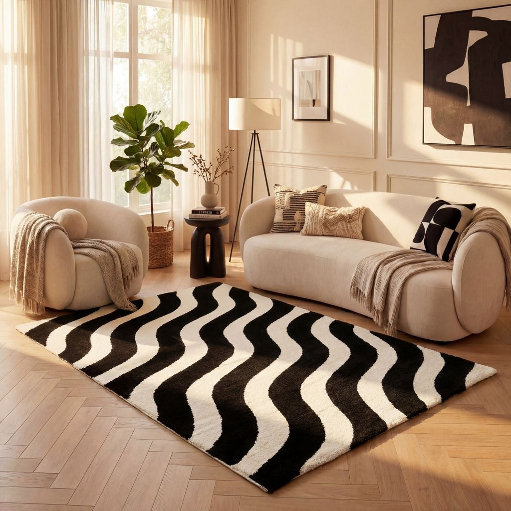 Joli Wave Black & White Rug | Rectangular | 80x150cm − 200x290cm The Rugs