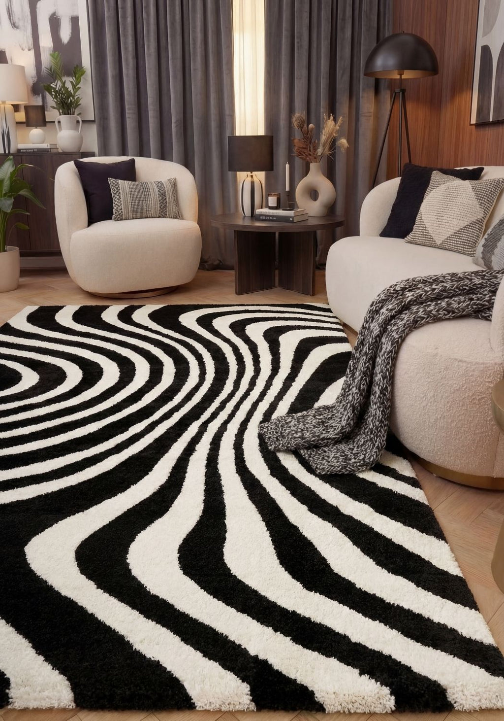 Joli Wavy Stripes Black & White Rug | Rectangular | 80x150cm − 200x290cm The Rugs