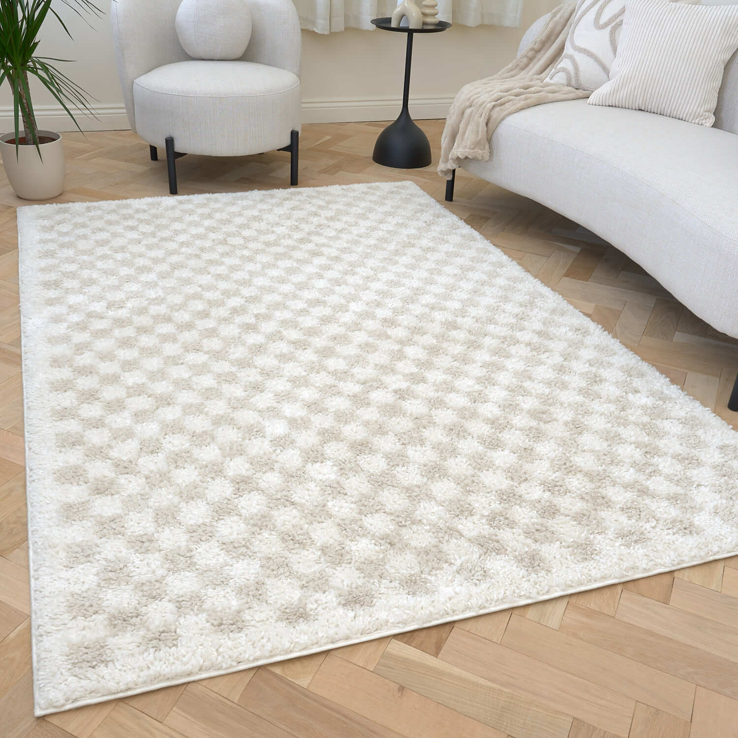 Moodi Shaggy Light Beige/White Rug | Rectangular | Round The Rugs