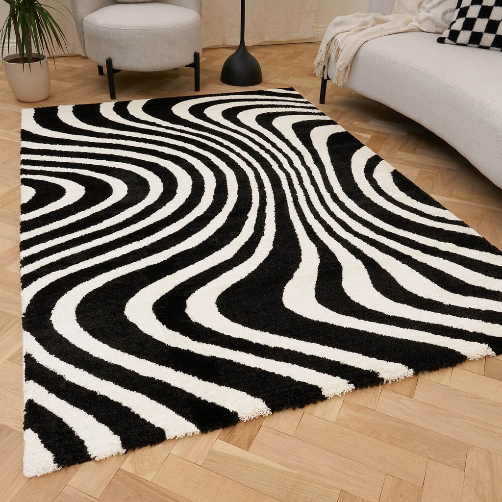 Joli Wavy Stripes Black & White Rug | Rectangular | 80x150cm − 200x290cm The Rugs