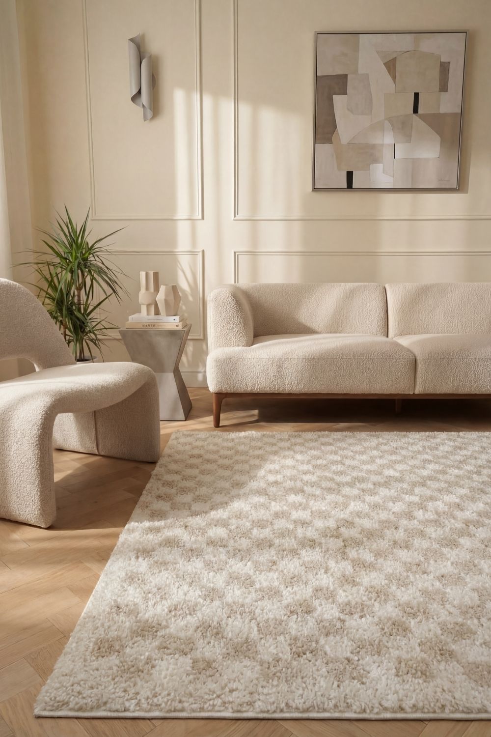 Moodi Shaggy Light Beige/White Rug | Rectangular | Round The Rugs