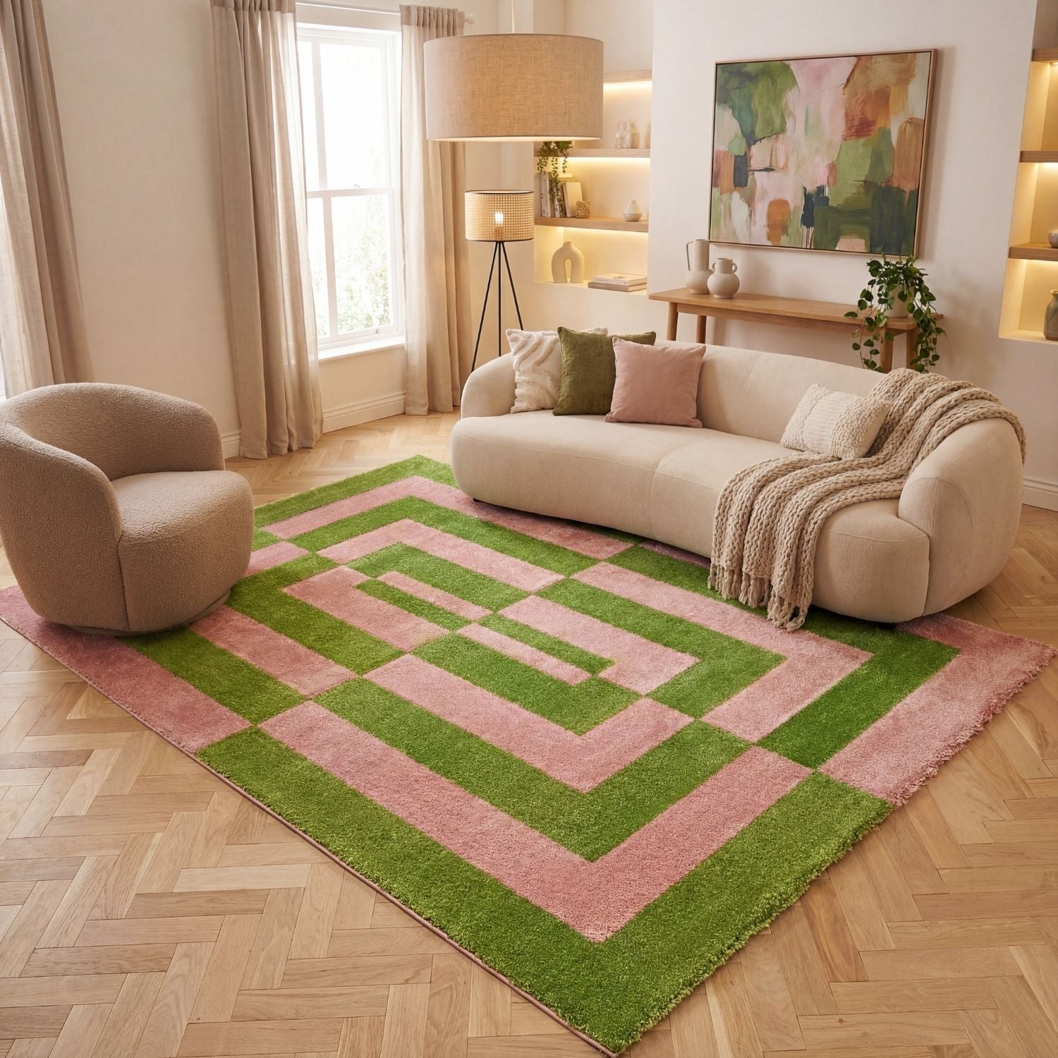 Joli Geometric Green & Pink Rug | Rectangular | 80x150cm − 200x290cm The Rugs