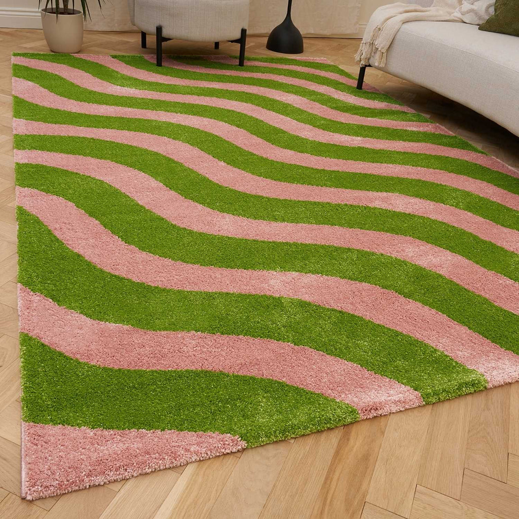 Joli Wave Green & Pink Rug | Rectangular | 80x150cm − 200x290cm The Rugs