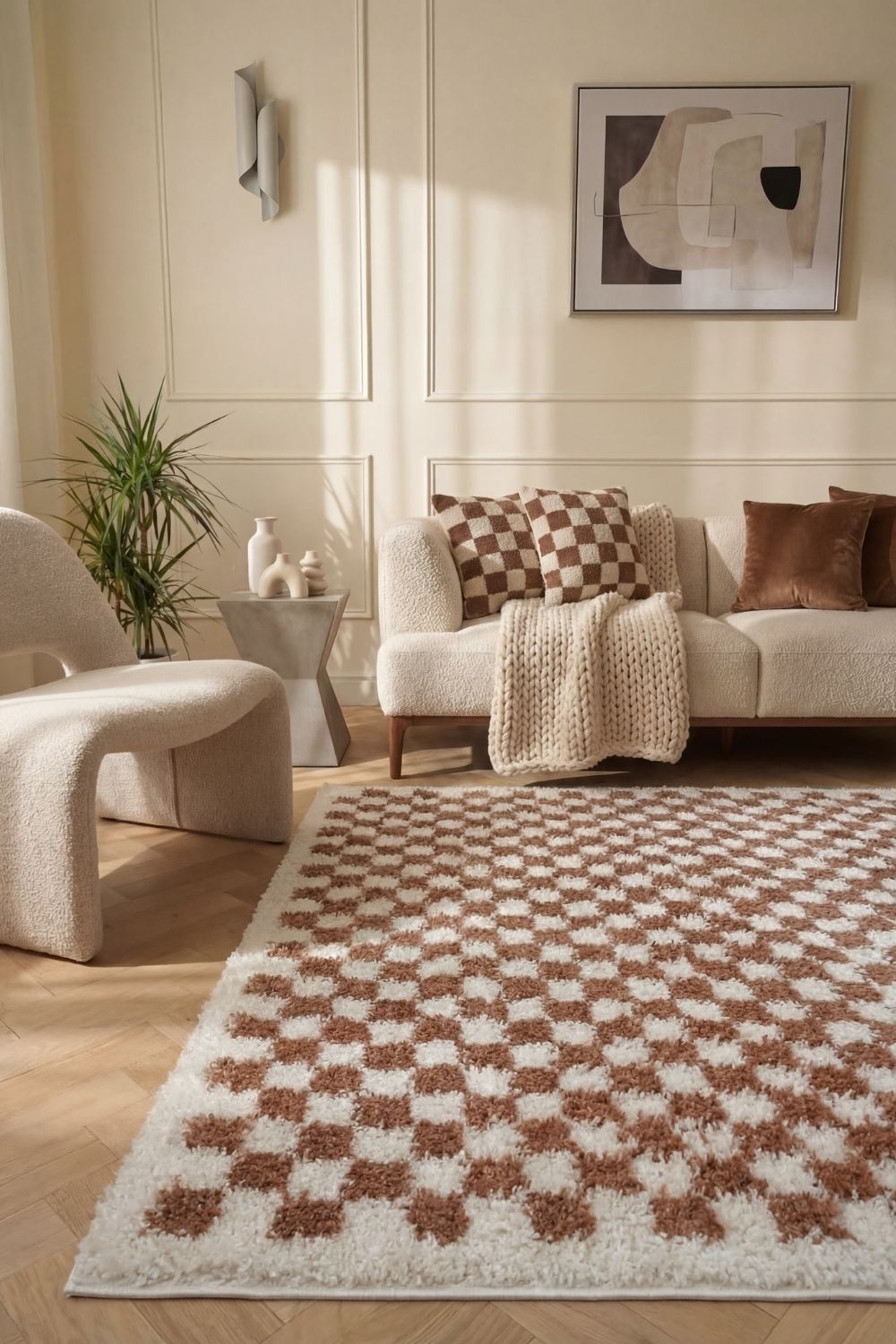 Moodi Shaggy White/Brown Pixelate Rug | Rectangular | Round The Rugs