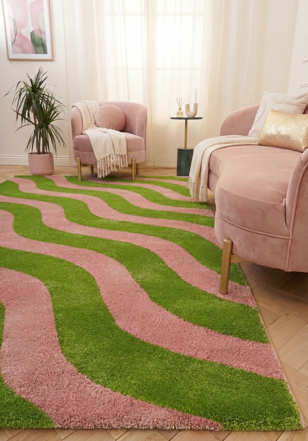 Joli Wave Green & Pink Rug | Rectangular | 80x150cm − 200x290cm The Rugs