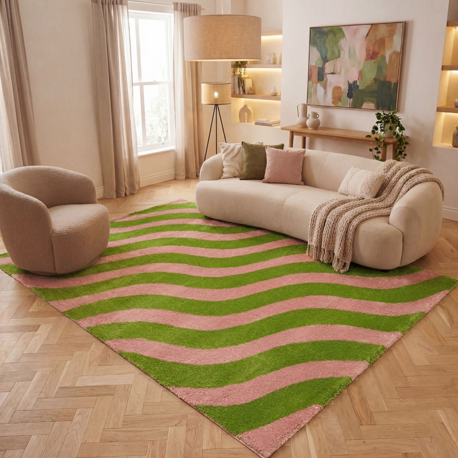 Joli Wave Green & Pink Rug | Rectangular | 80x150cm − 200x290cm The Rugs