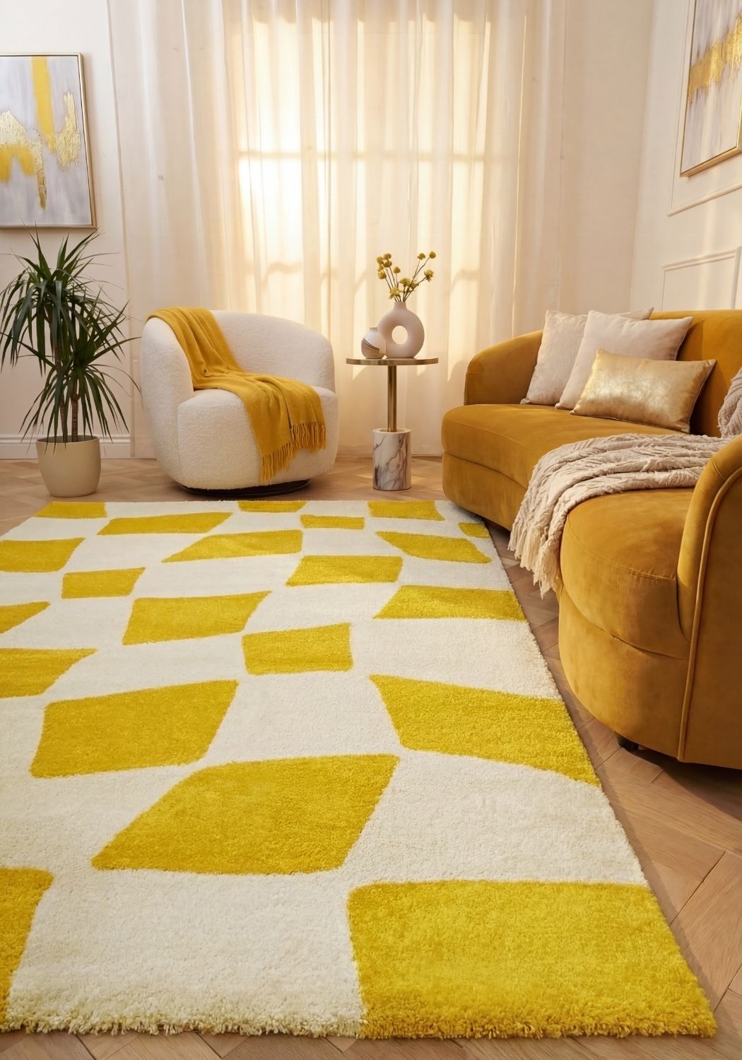 Joli Checkered Yellow & White Rug | Rectangular | 80x150cm − 200x290cm The Rugs