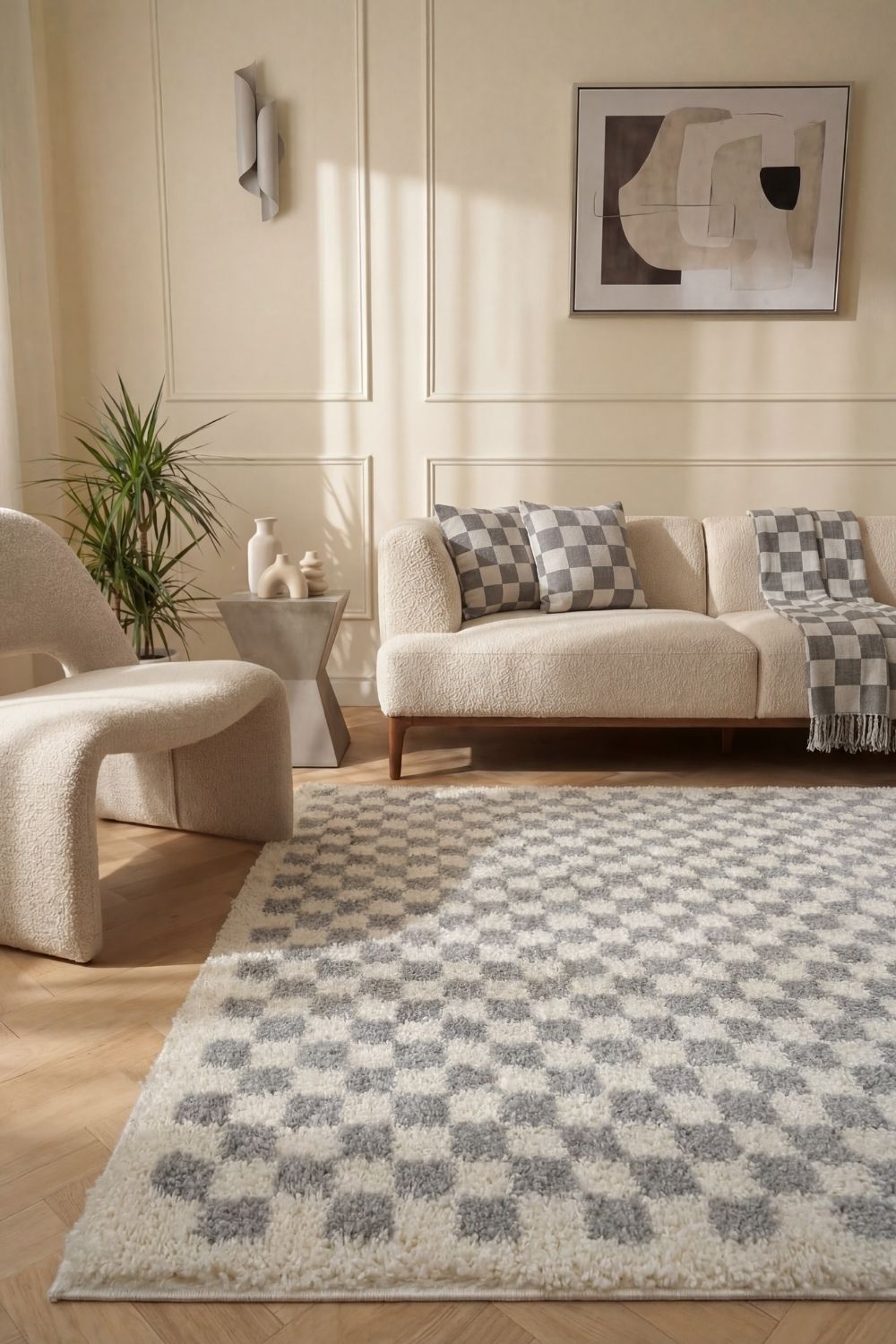 Moodi Shaggy Grey Checkered Rug | Rectangular | Round The Rugs