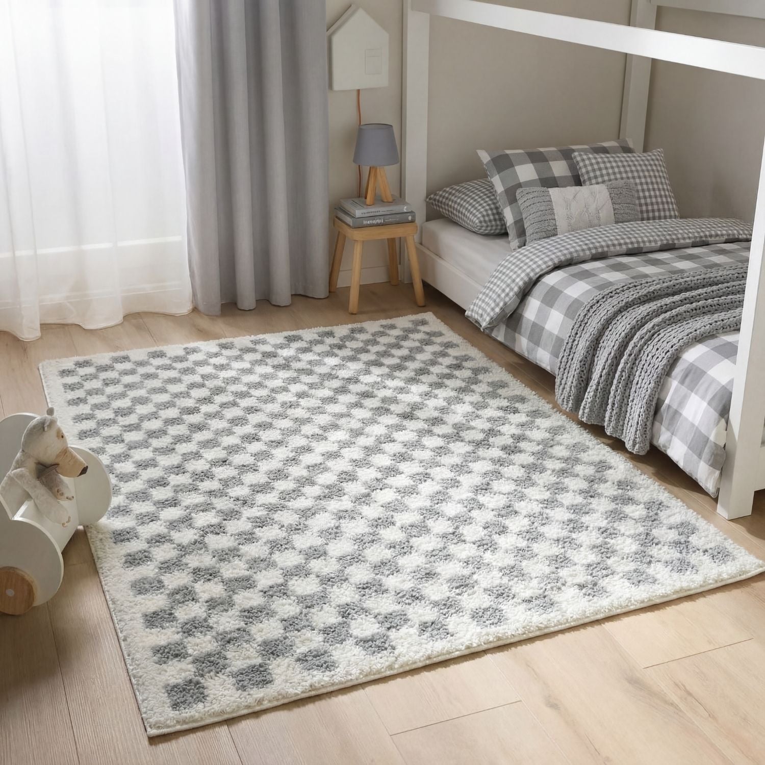 Moodi Shaggy Grey Checkered Rug | Rectangular | Round The Rugs