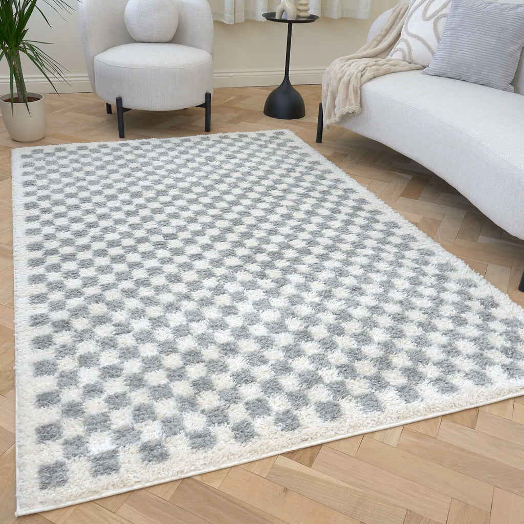 Moodi Shaggy Grey Checkered Rug | Rectangular | Round The Rugs