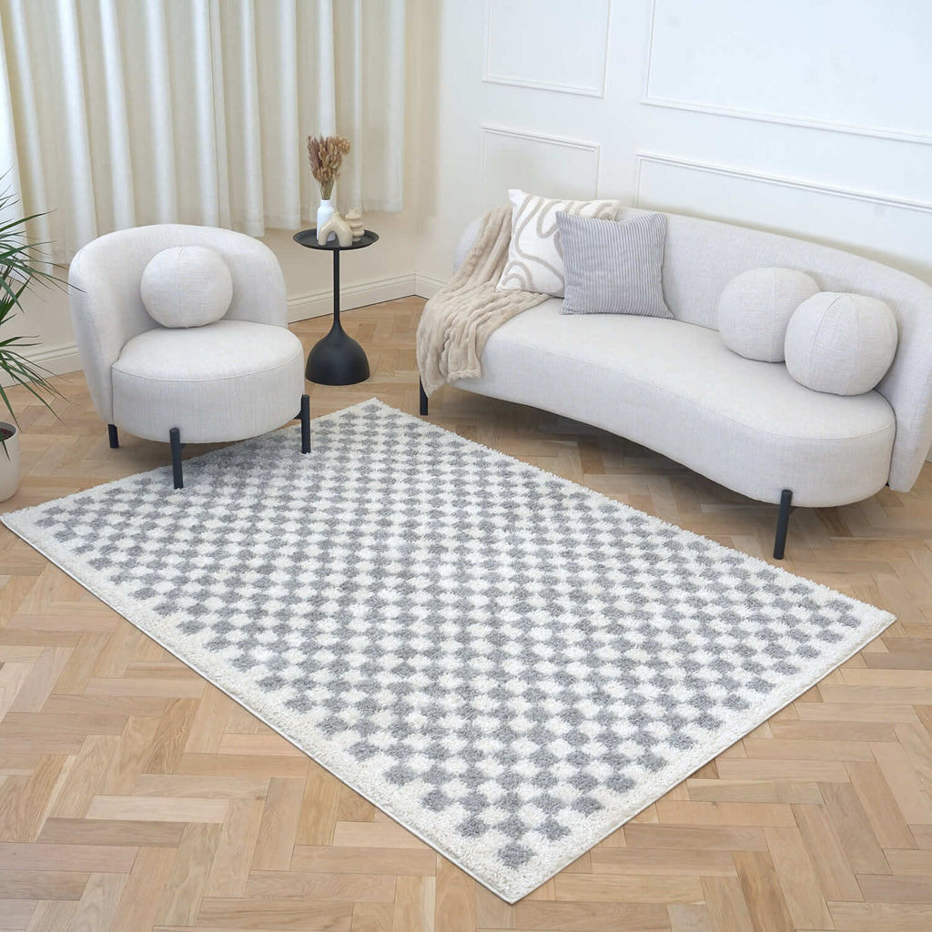 Moodi Shaggy Grey Checkered Rug | Rectangular | Round The Rugs
