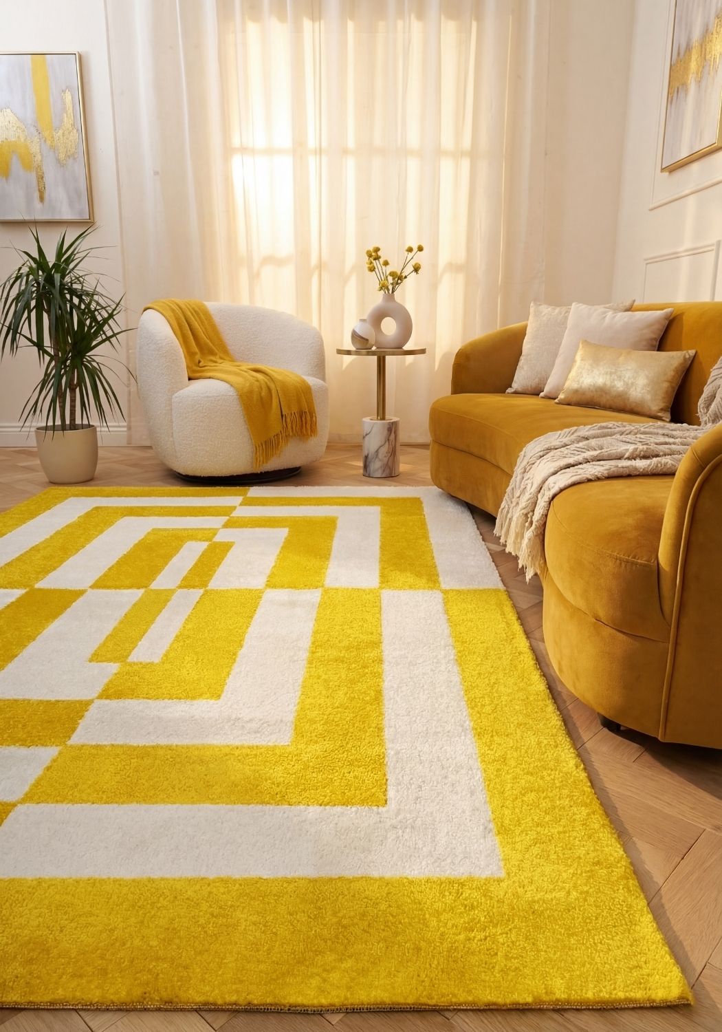 Joli Geometric Yellow & White Rug | Rectangular | 80x150cm − 200x290cm The Rugs