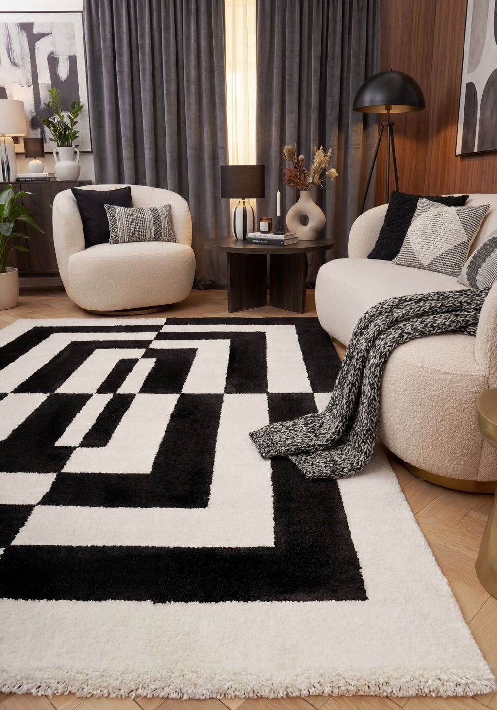 Joli Geometric Black & White Rug | Rectangular | 80x150cm − 200x290cm The Rugs