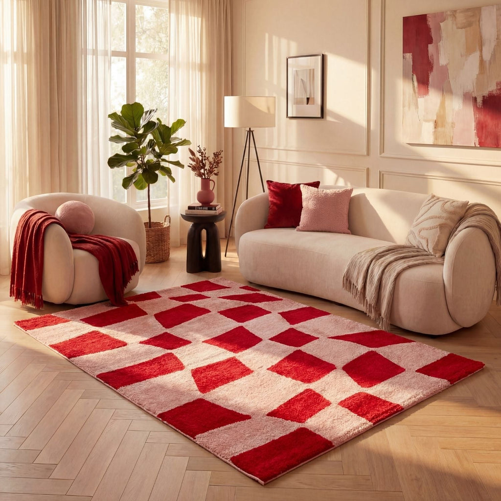 Joli Checkered Red & Pink Rug | Rectangular | 80x150cm − 200x290cm The Rugs