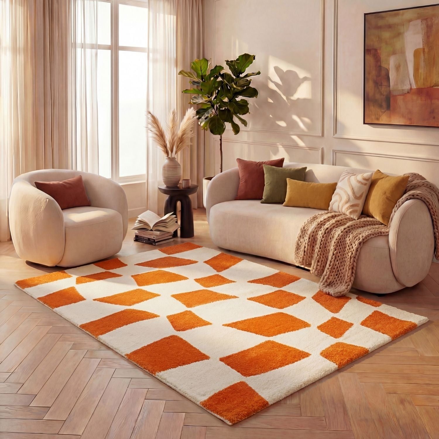 Joli Checkered Orange & White Rug | Rectangular | 80x150cm − 200x290cm The Rugs