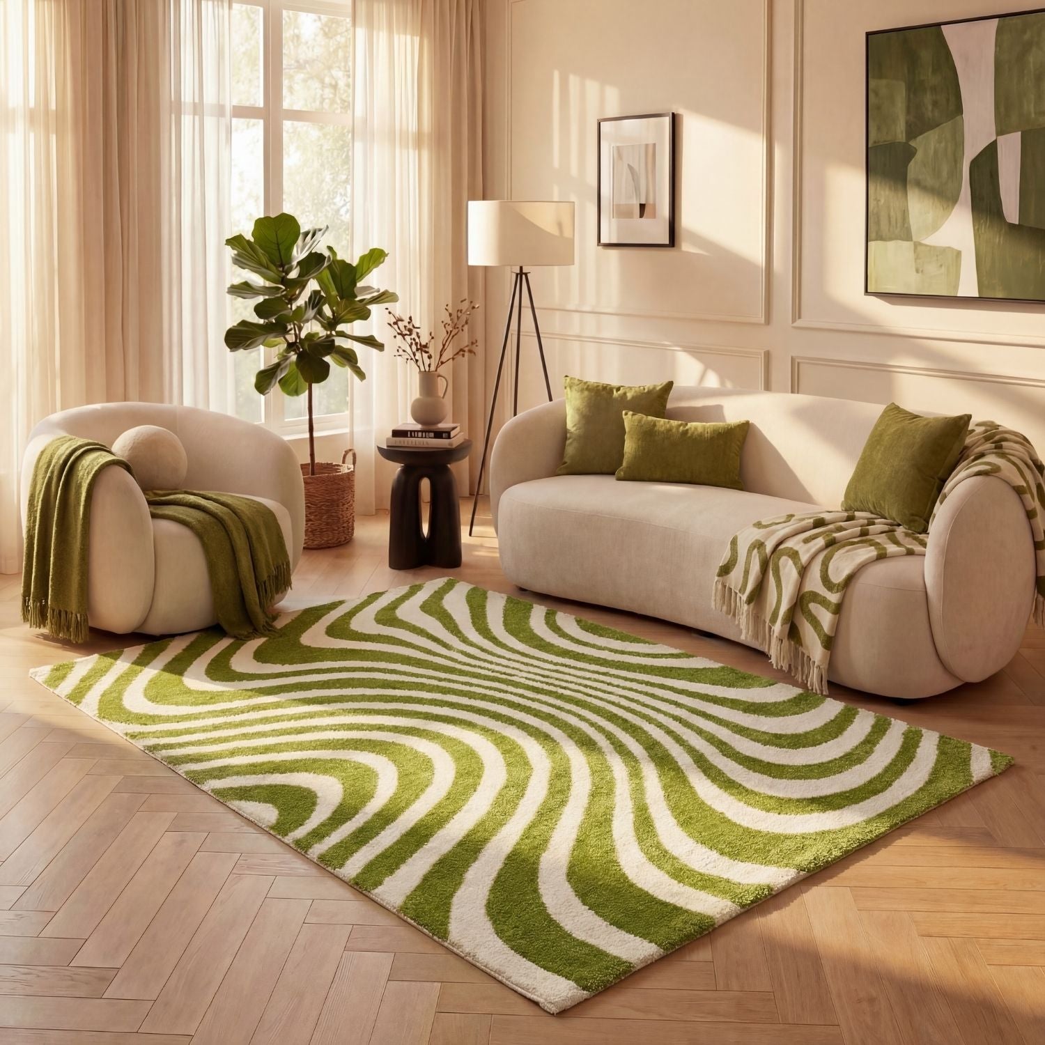 Joli Wavy Stripes Green & White Rug | Rectangular | 80x150cm − 200x290cm The Rugs