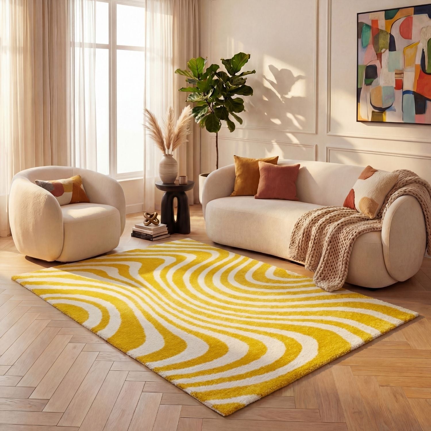 Joli Wavy Stripes Yellow & White Rug | Rectangular | 80x150cm − 200x290cm The Rugs