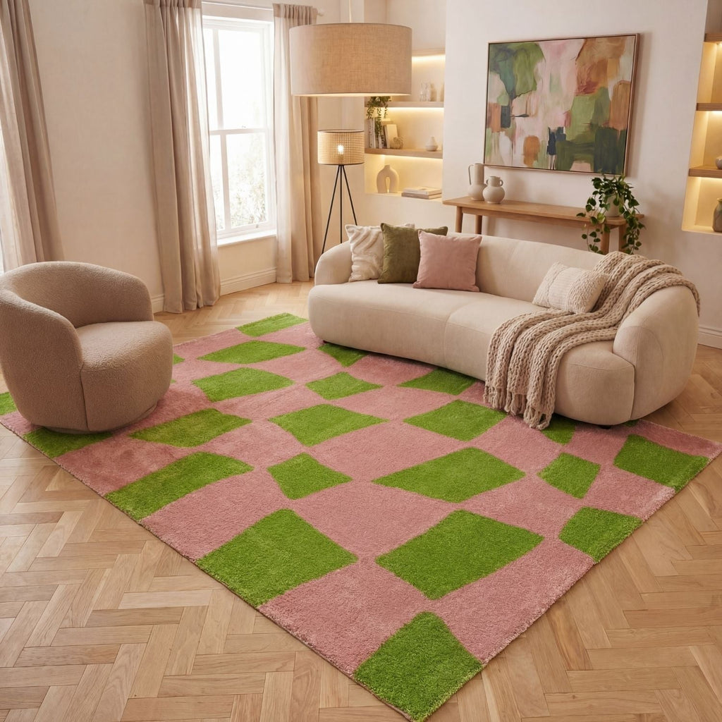 Joli Checkered Green & Pink Rug | Rectangular | 80x150cm − 200x290cm The Rugs