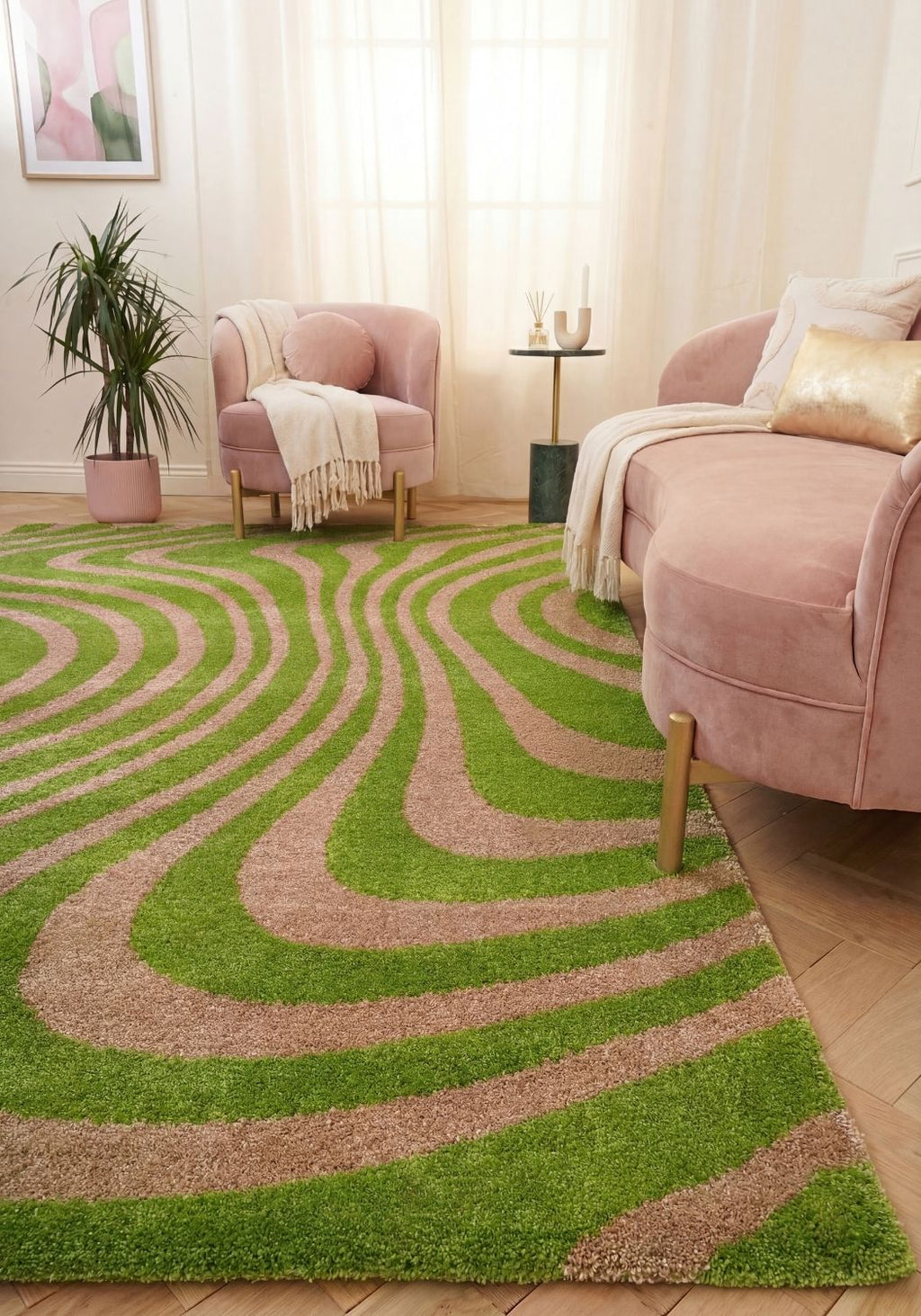 Joli Wavy Stripes Green & Pink Rug | Rectangular | 80x150cm − 200x290cm The Rugs