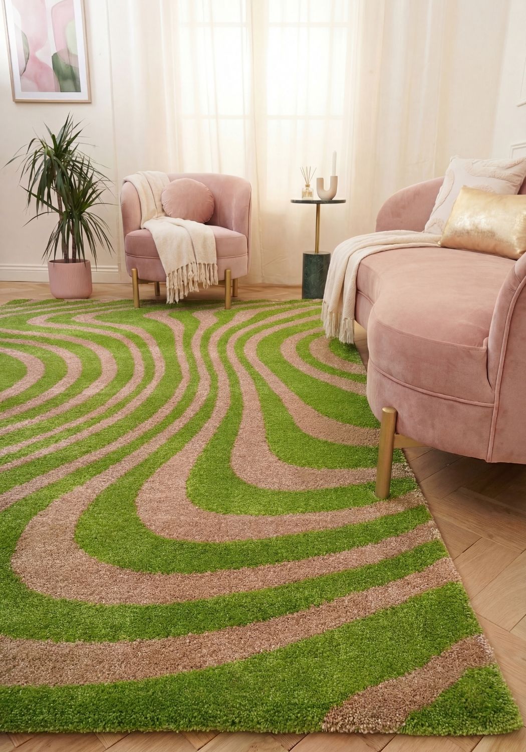 Joli Wavy Stripes Green & Pink Rug | Rectangular | 80x150cm − 200x290cm The Rugs