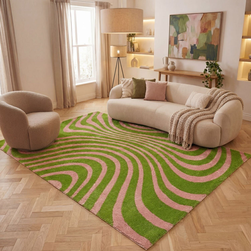 Joli Wavy Stripes Green & Pink Rug | Rectangular | 80x150cm − 200x290cm The Rugs