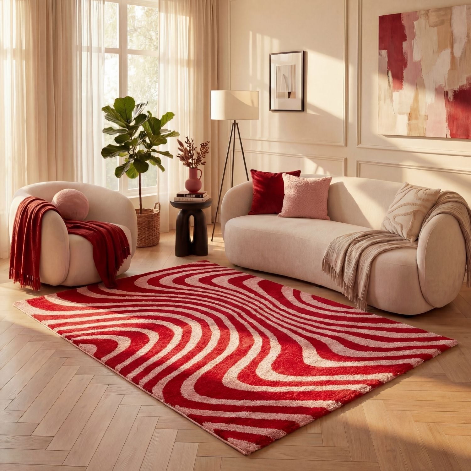 Joli Wavy Stripes Red & Pink Rug | Rectangular | 80x150cm − 200x290cm The Rugs