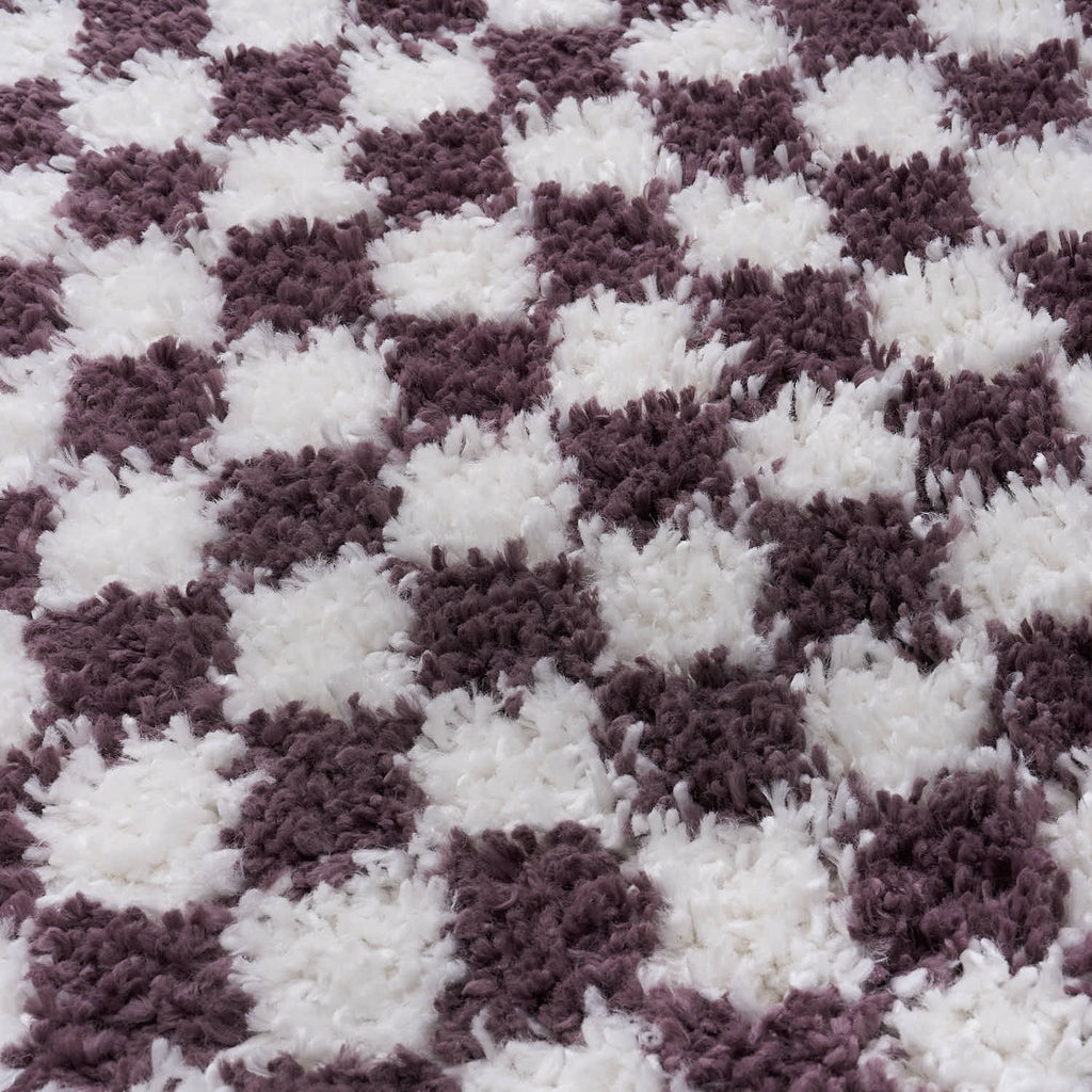 Moodi Shaggy Purple/White Checkered Rug | Rectangular | Round The Rugs