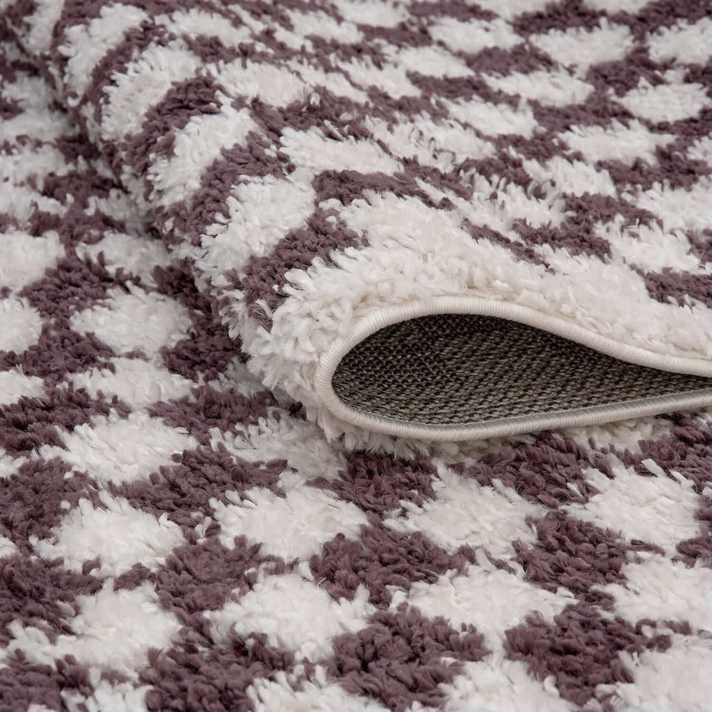 Moodi Shaggy Purple/White Checkered Rug | Rectangular | Round The Rugs
