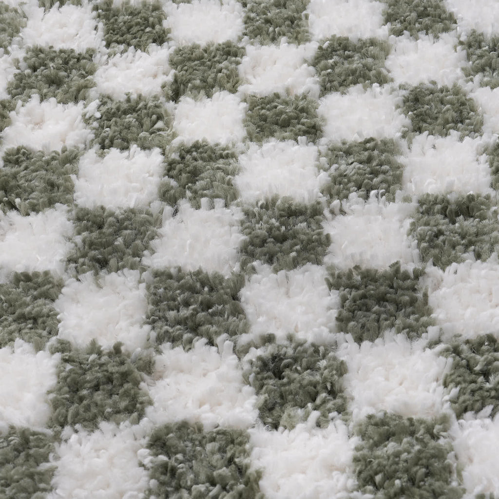 Moodi Shaggy Green/White Checkered Rug | Rectangular | Round The Rugs