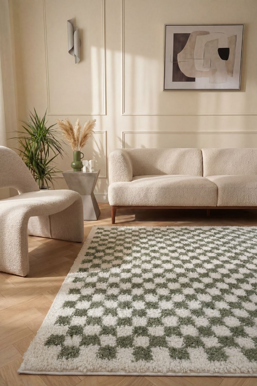 Moodi Shaggy Green/White Checkered Rug | Rectangular | Round The Rugs