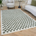 Moodi Shaggy Green/White Checkered Rug | Rectangular | Round The Rugs