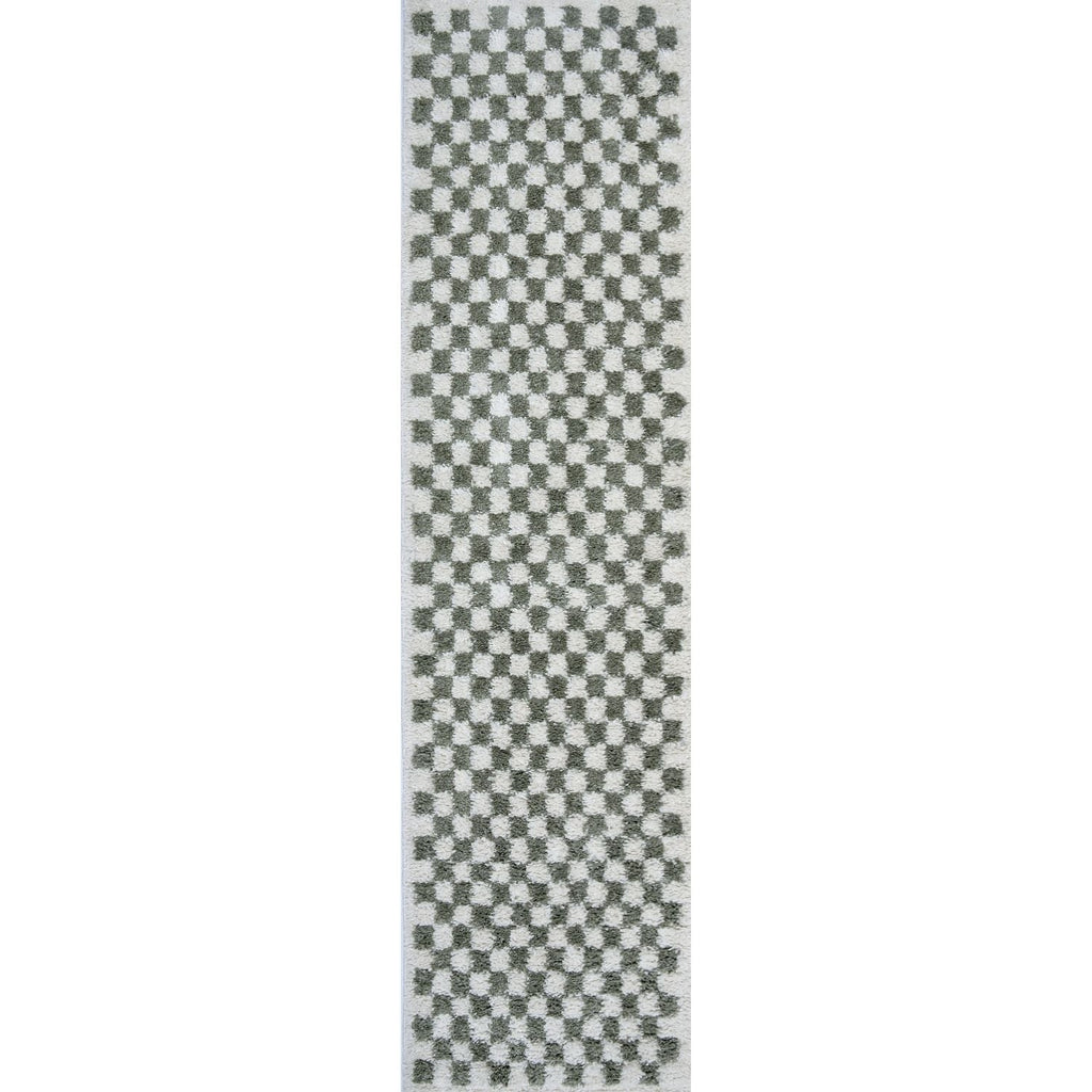 Moodi Shaggy Green/White Checkered Rug | Rectangular | Round 80X300 cm The Rugs