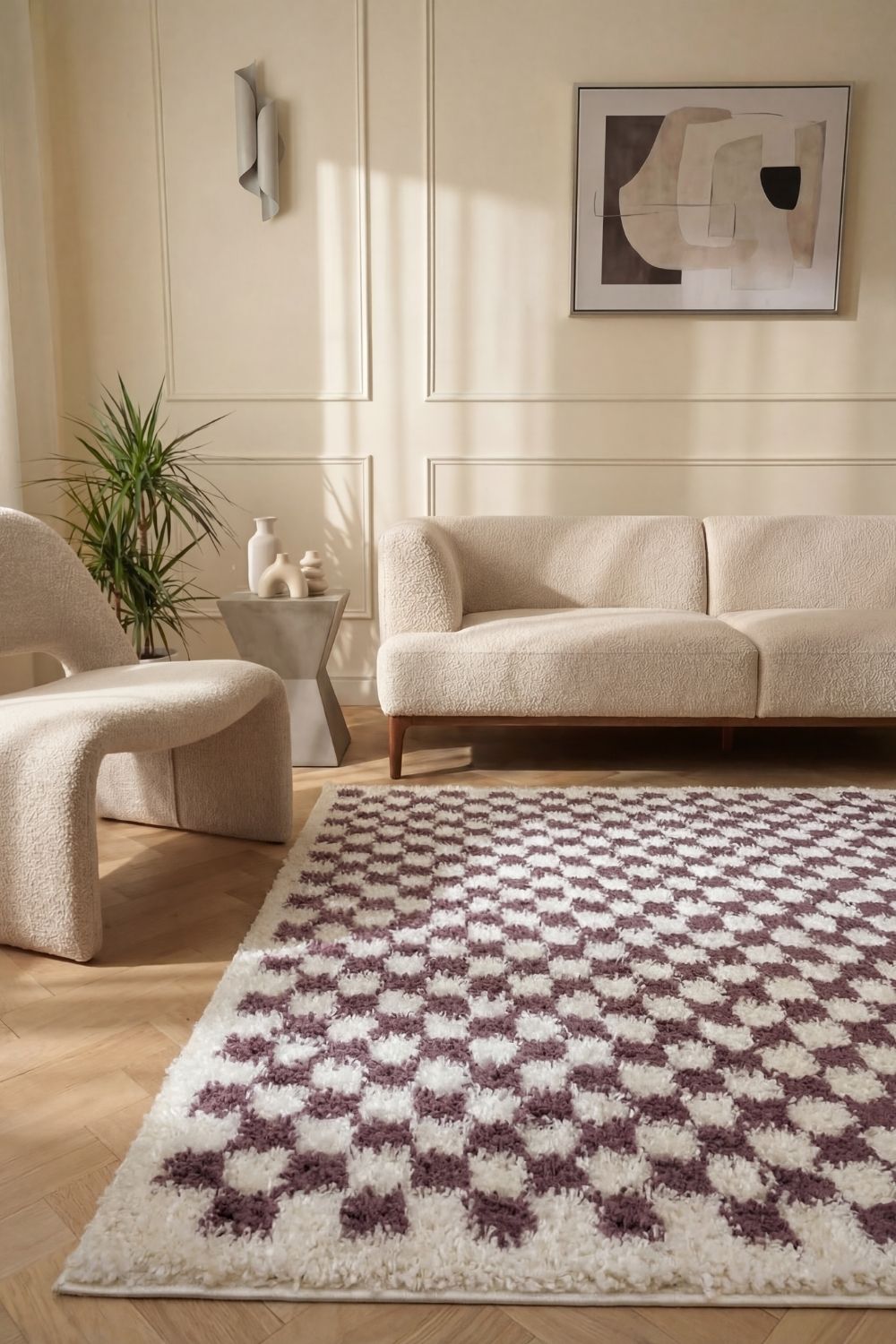 Moodi Shaggy Purple/White Checkered Rug | Rectangular | Round The Rugs
