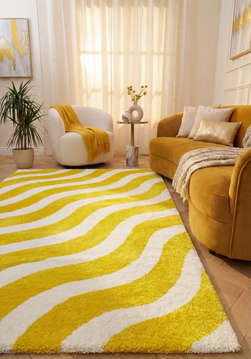 Joli Wave Yellow & White Rug | Rectangular | 80x150cm − 200x290cm