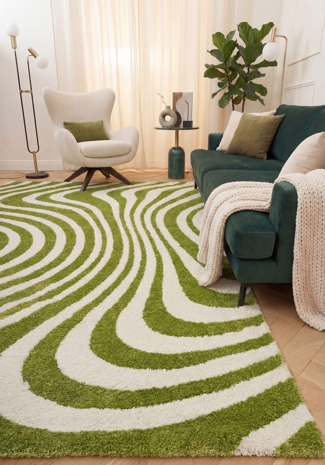 Living room with a green and white patterned rug, green armchair, and white curtains.