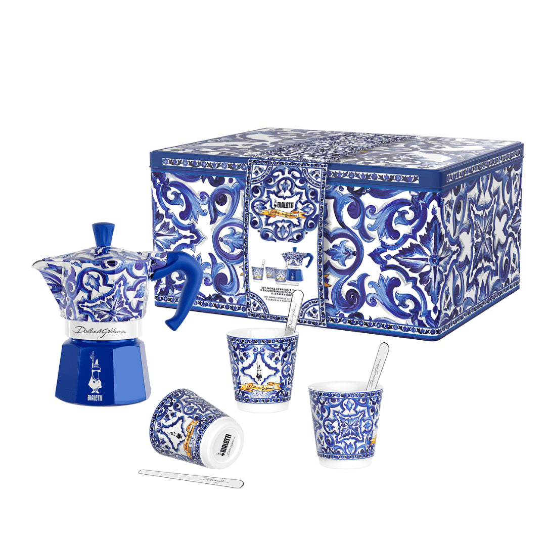 Bialetti X Dolce&Gabbana Blue Mediterranean Gift Set (3 cup Moka and Stirrer set) Brew Italia