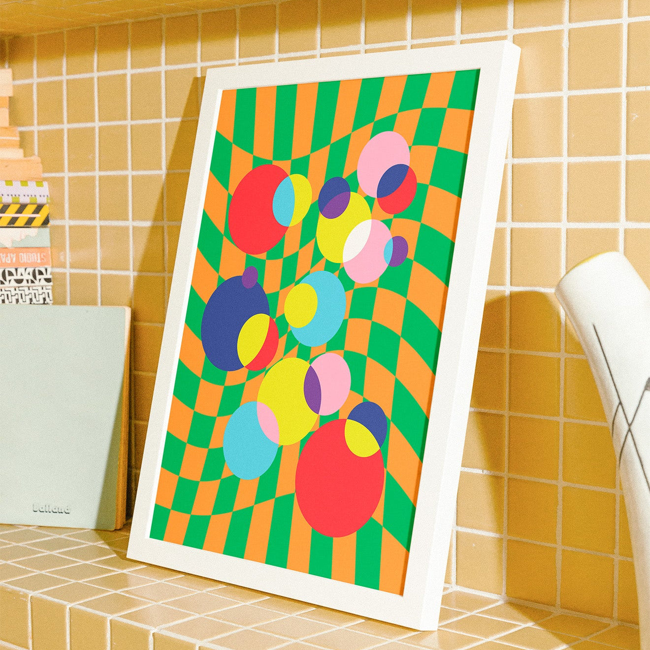 Checkerboard Bubbles Poster in White Frame