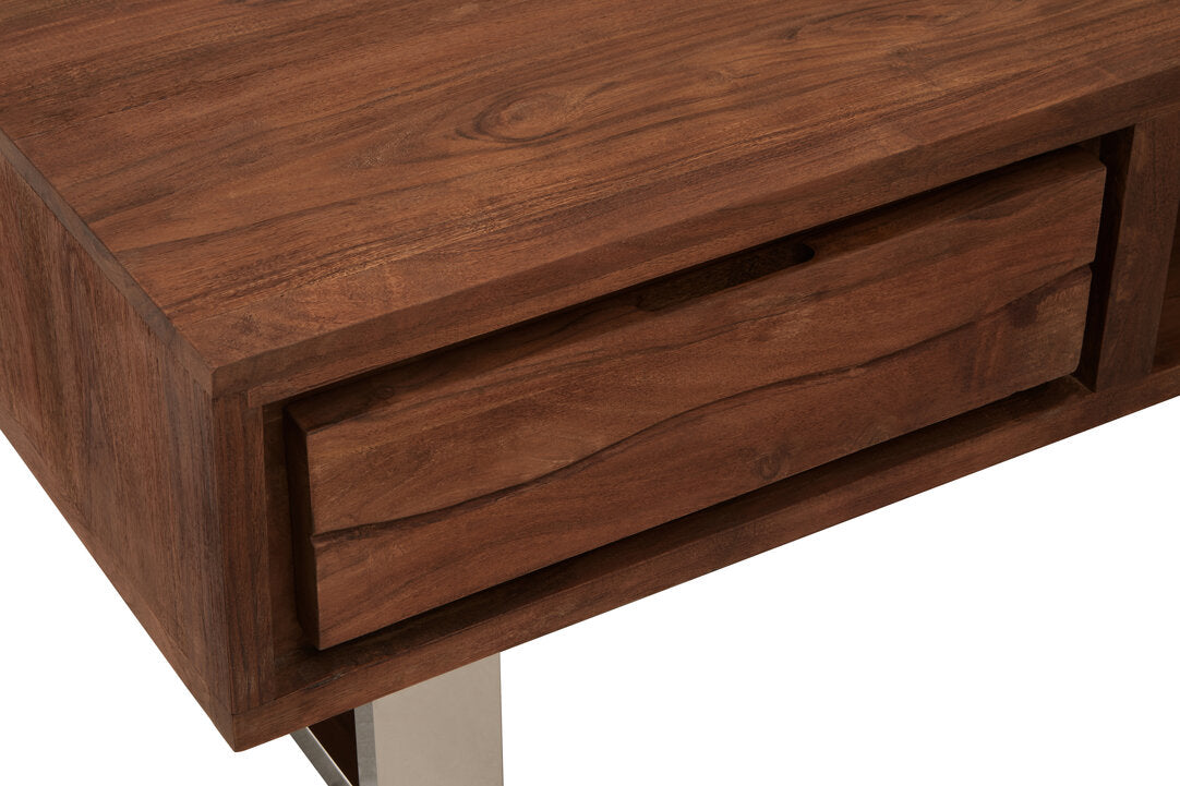 Wooden coffee table with drawer on white backround