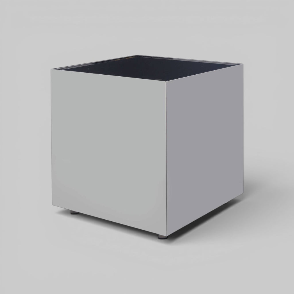BLOC Minimalist Cube Stainless Steel Side Table with Black Glass Top Orsina