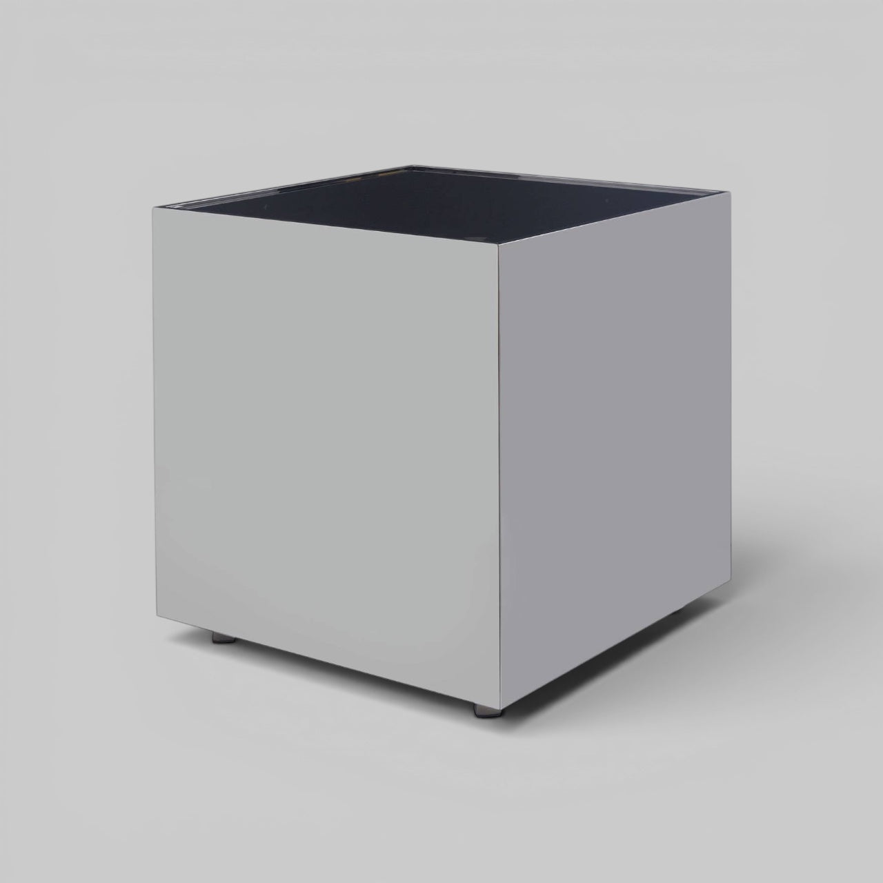 BLOC Minimalist Cube Stainless Steel Side Table with Black Glass Top Orsina