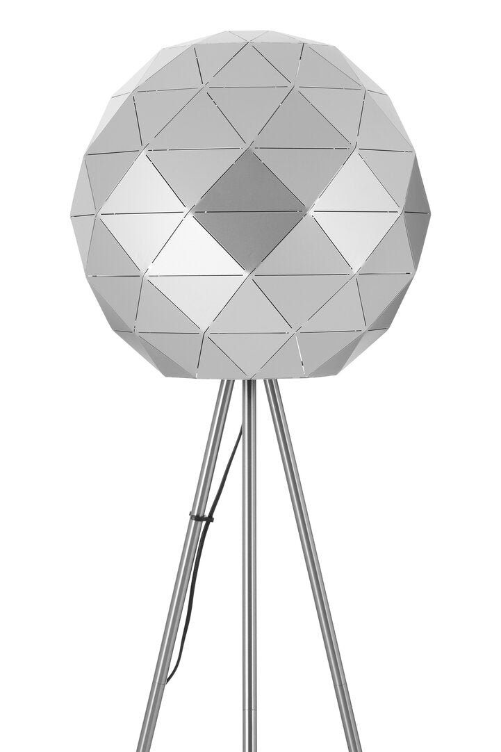 Geometric floor lamp with a metallic base on a white background