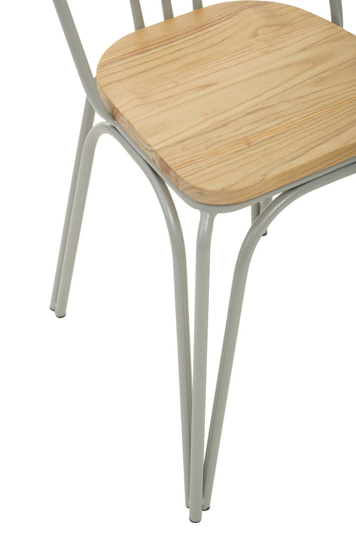 Chair with wooden seat and metal frame on a white background