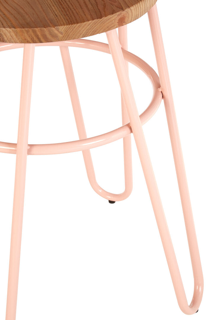 Bar stool with wooden seat and pink metal frame on a white background