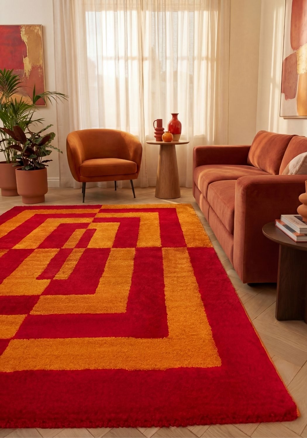 Living room with a red and orange checkered rug, brown armchair, and sofa.