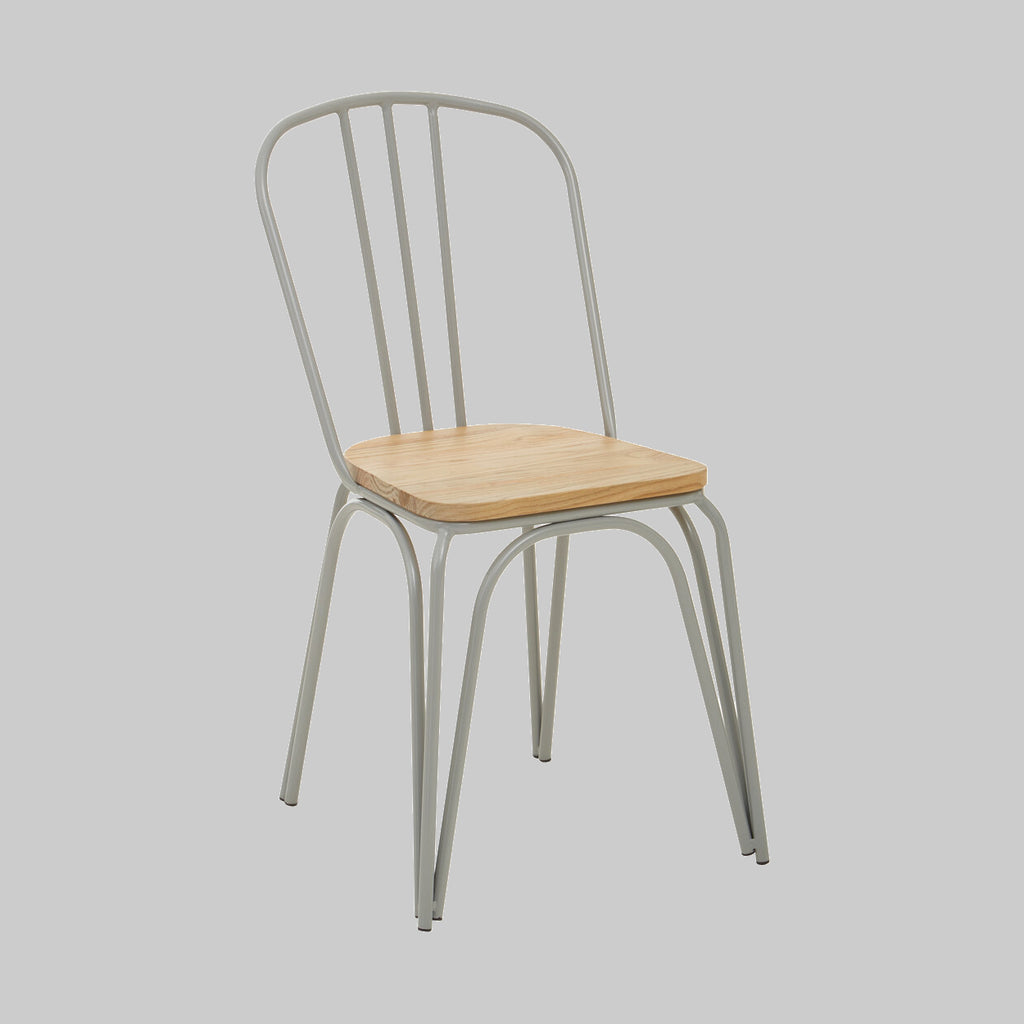 Chair with metal frame and wooden seat on a gray background