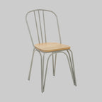 Chair with metal frame and wooden seat on a gray background
