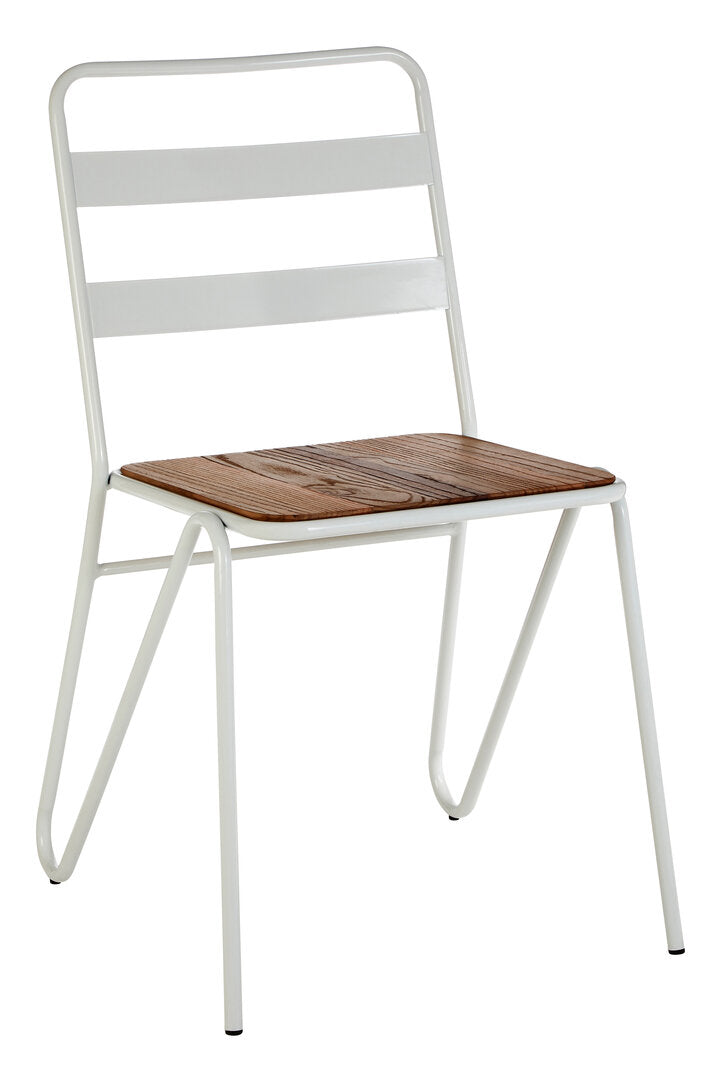 Chair with white frame and wooden seat on a white background