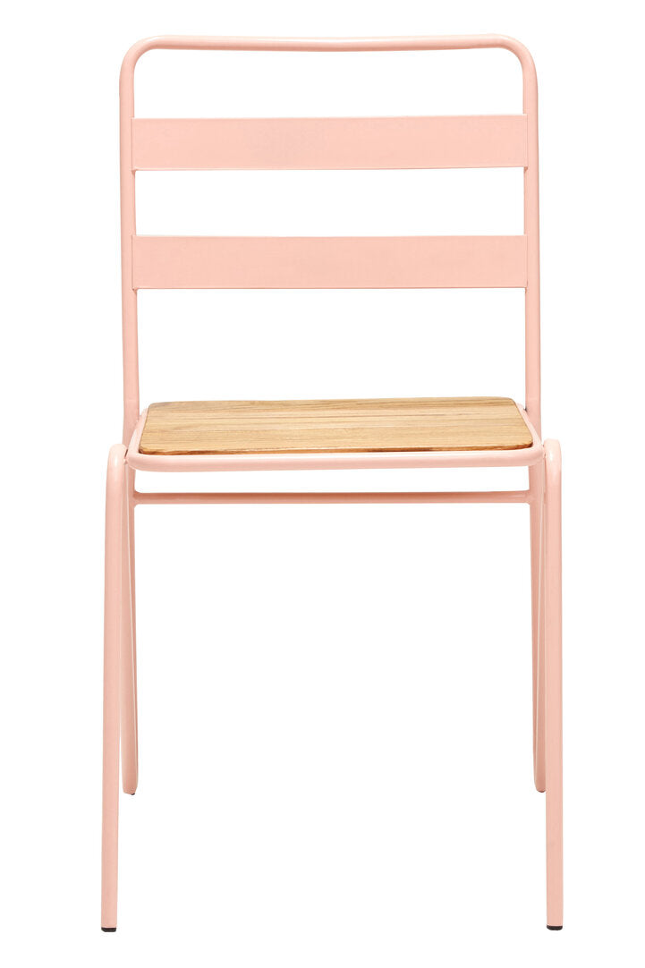 Pink metal chair with a wooden seat on a white background