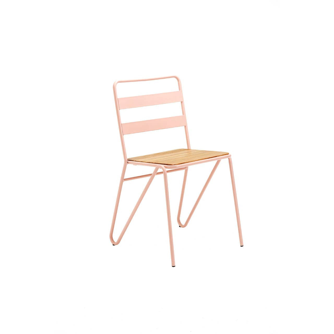 Pink metal chair with wooden seat on a white background