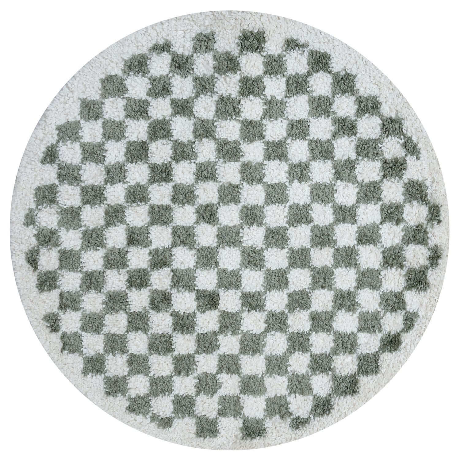 Round checkered rug with green and white pattern on a white background